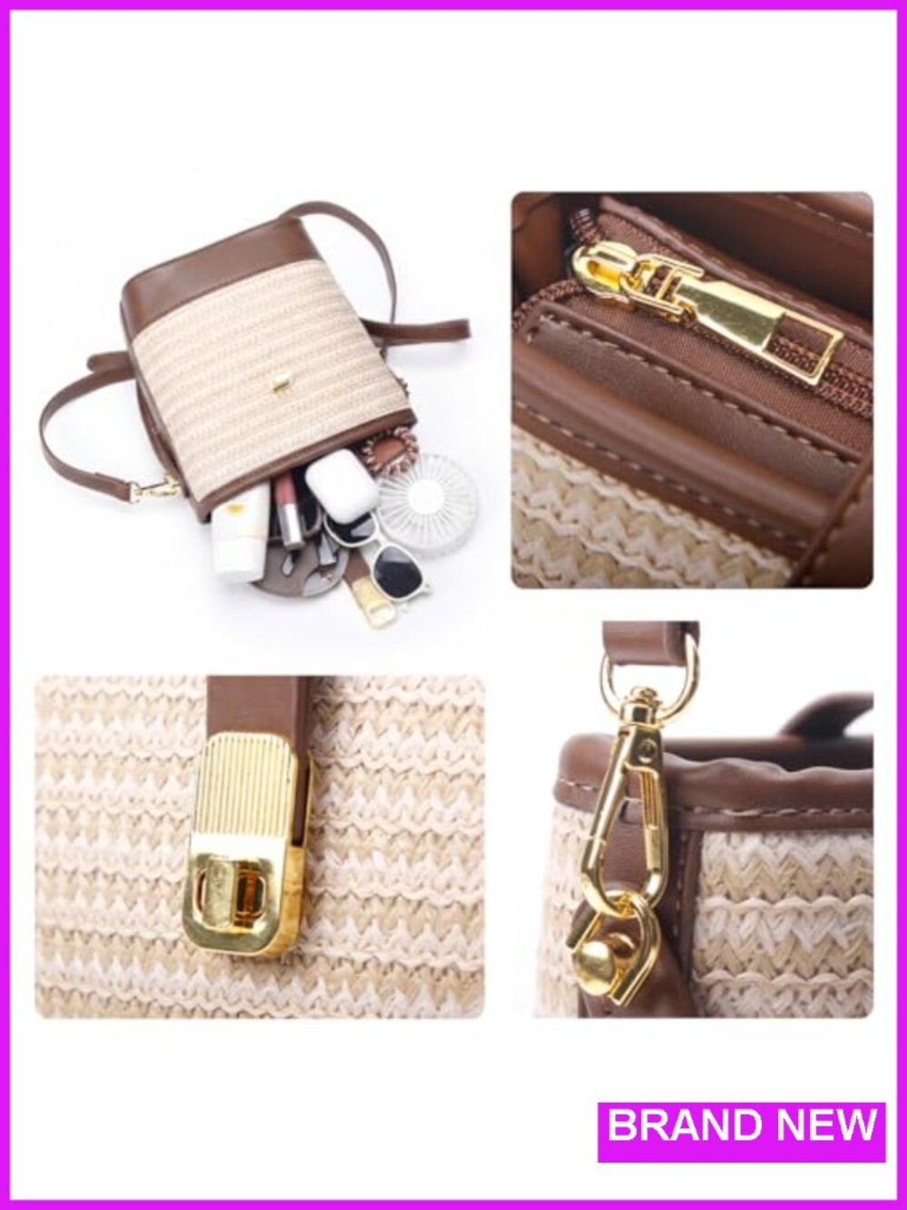 Natural Straw Crossbody Bag Small Top Handle Purse with Twist Lock Woven Summer - Picture 5 of 6